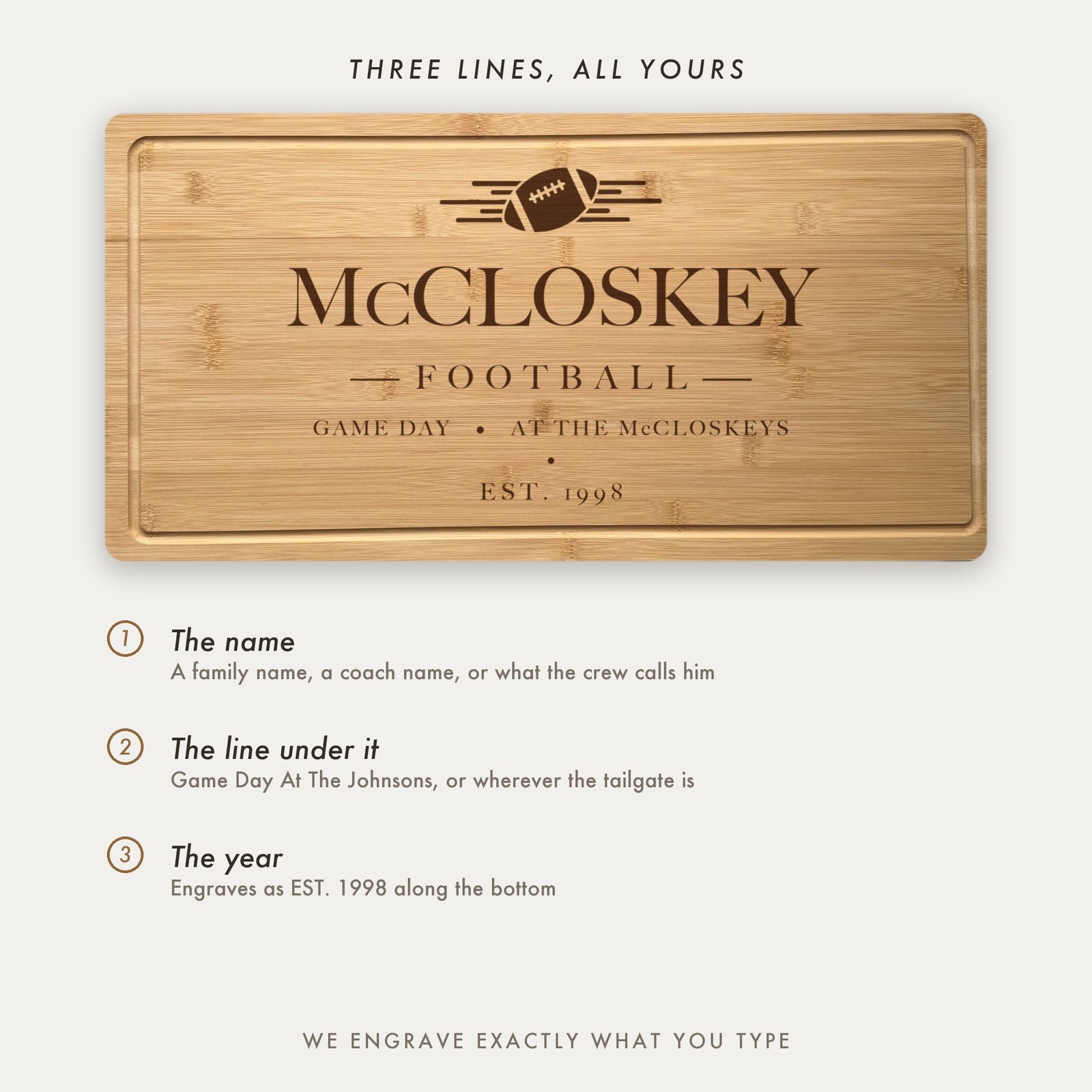 How the football tailgate board is personalized, showing the family name, your own second line and the established year along the bottom.