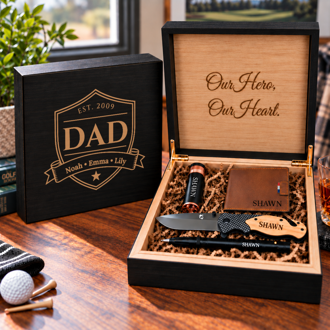 Black personalized gift box for dad with a DAD crest engraved for Noah, Emma and Lily, open beside his engraved knife, wallet, lighter and pen.