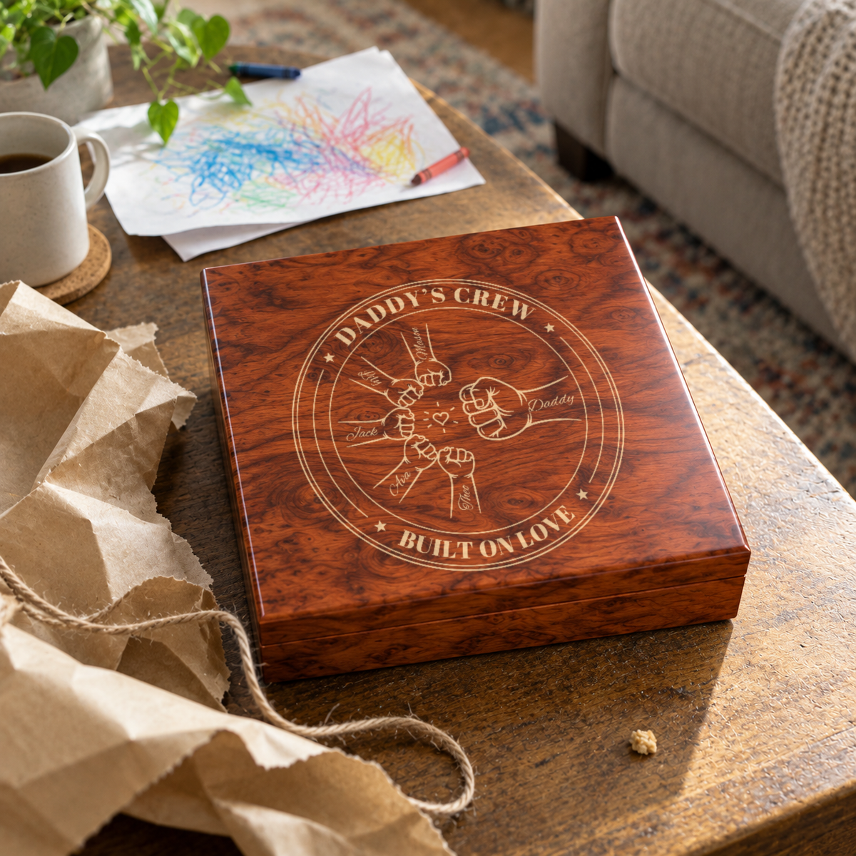 Burl wood keepsake box just unwrapped on a coffee table, engraved with a Daddy's Crew fist bump badge and five kids' names, a personalized gift for dad from kids