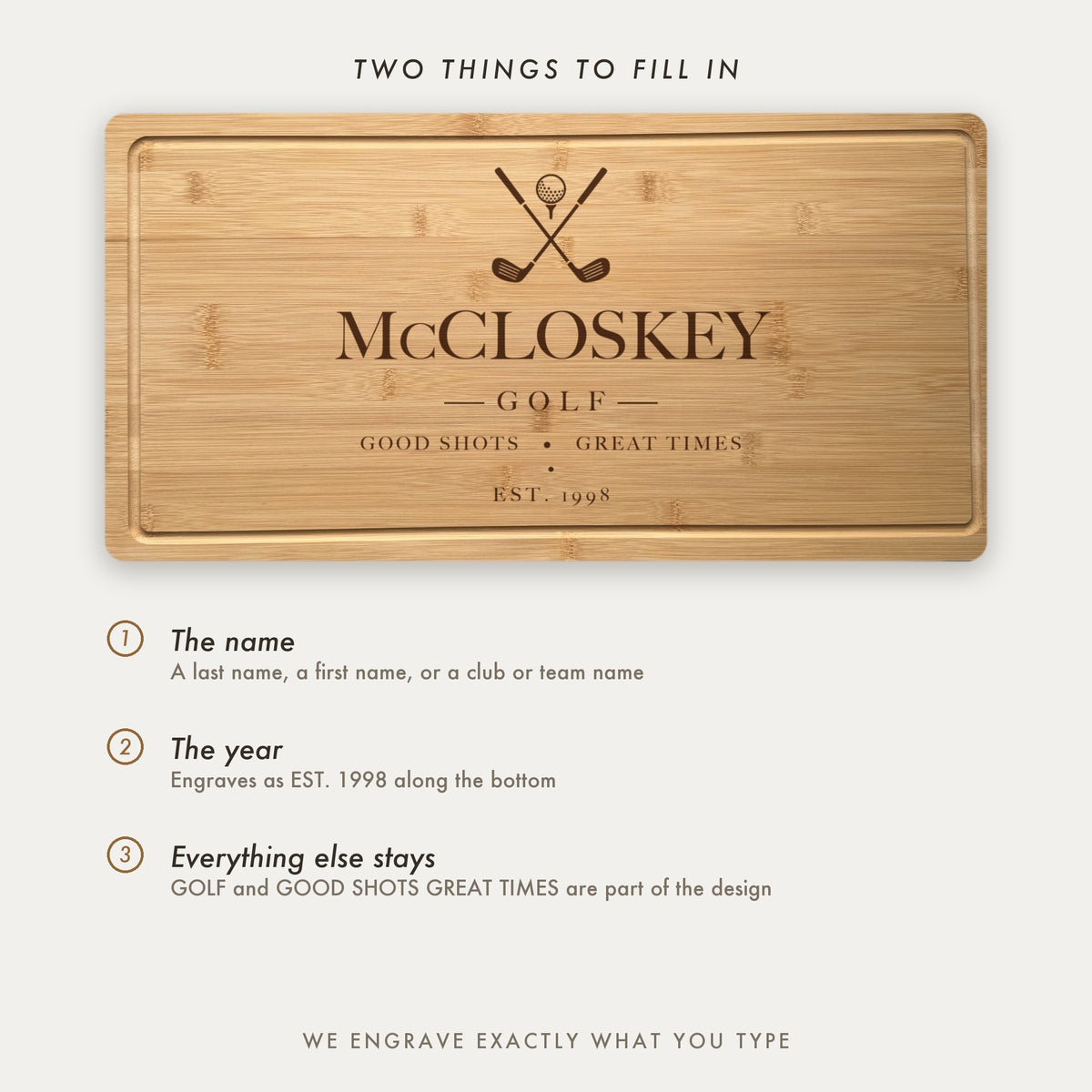 How the golf board is personalized, showing the name across the middle and the established year along the bottom, with the rest of the design fixed.