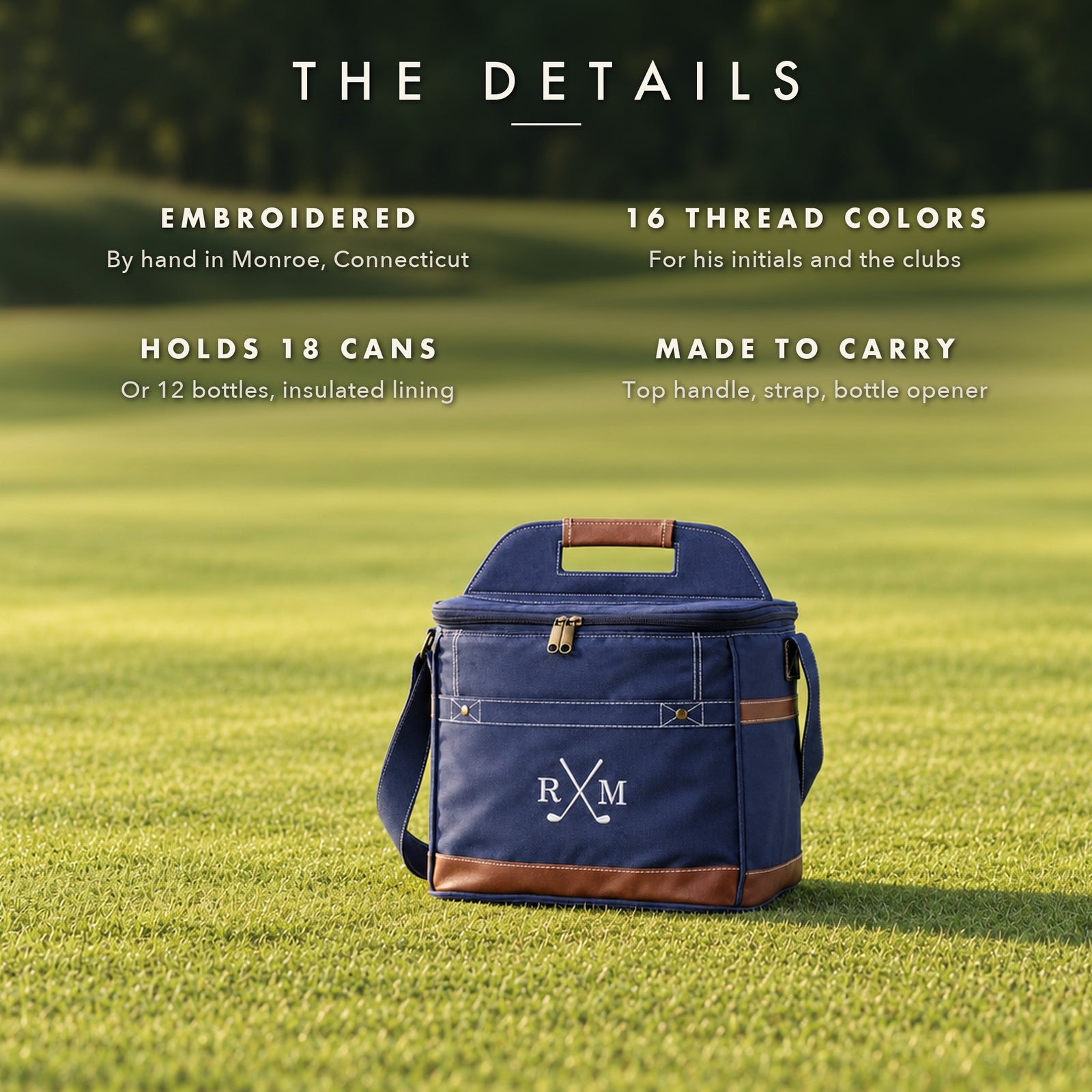 Details card for the personalized golf cooler bag in navy with RM initials and crossed clubs embroidered, standing alone on a sunny putting green