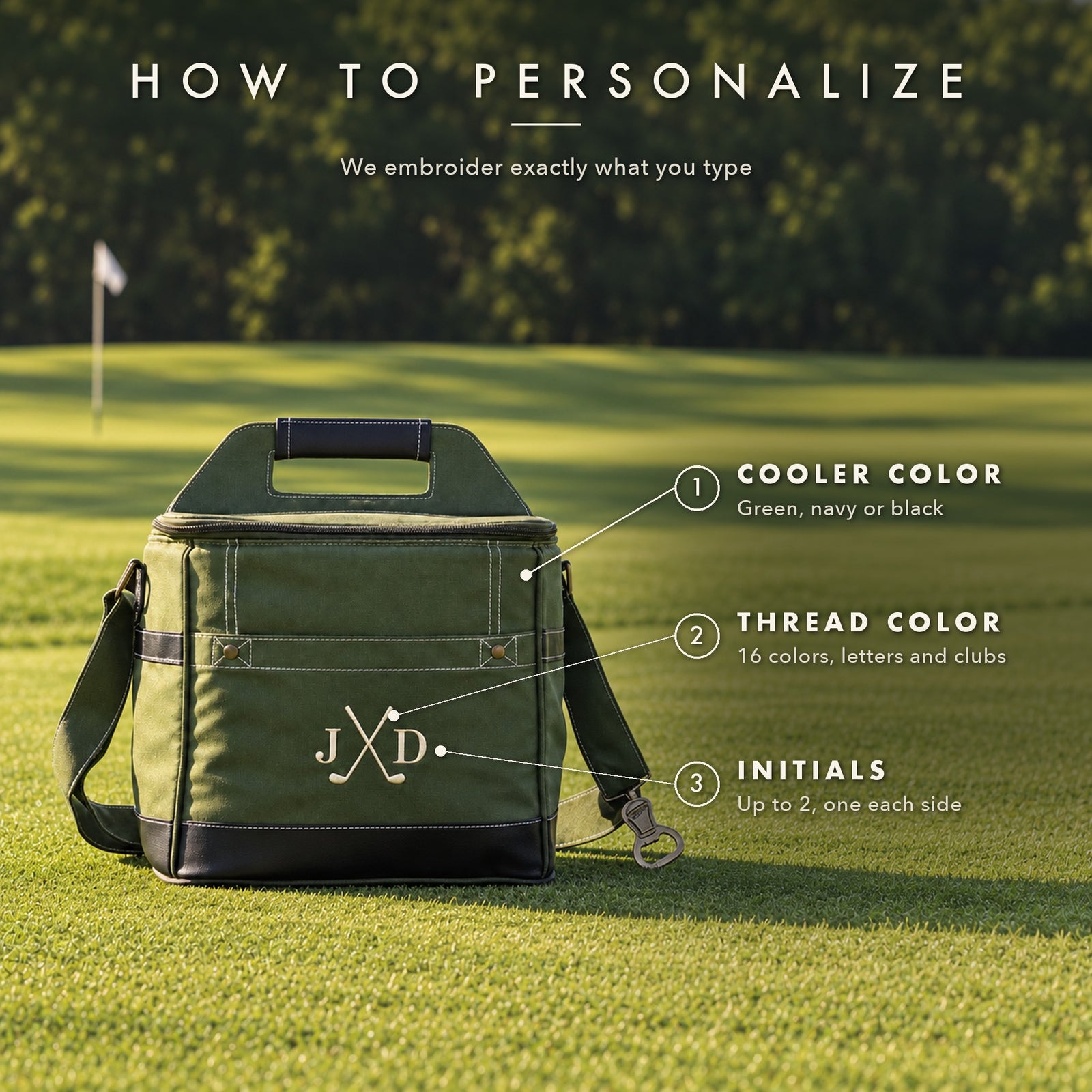 How to personalize the golf cart cooler: numbered guide to picking the cooler color, thread color and two embroidered initials, shown on a green bag as JD