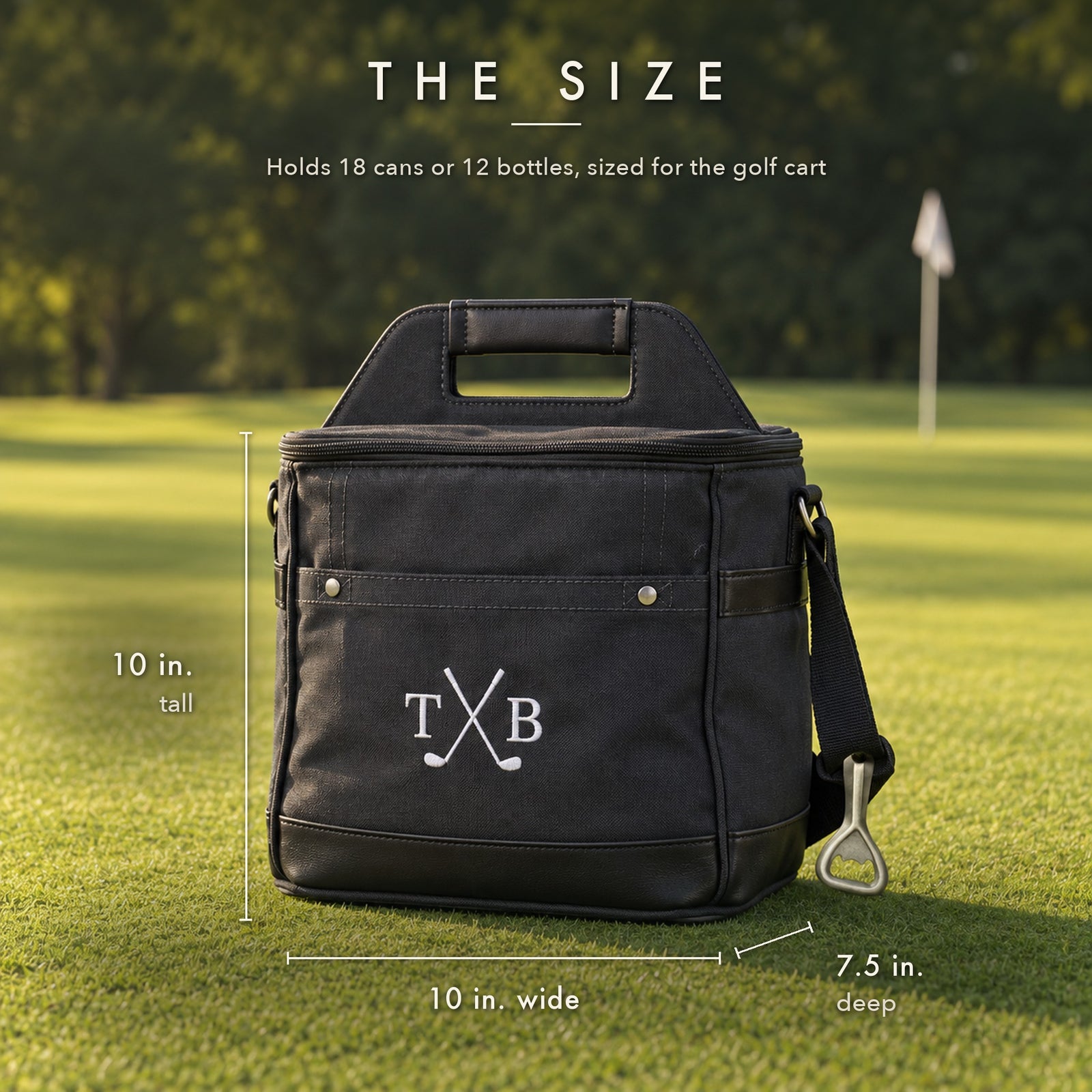Size guide for the black golf cart cooler: 10 in. tall, 10 in. wide and 7.5 in. deep, with TB initials embroidered beside crossed golf clubs
