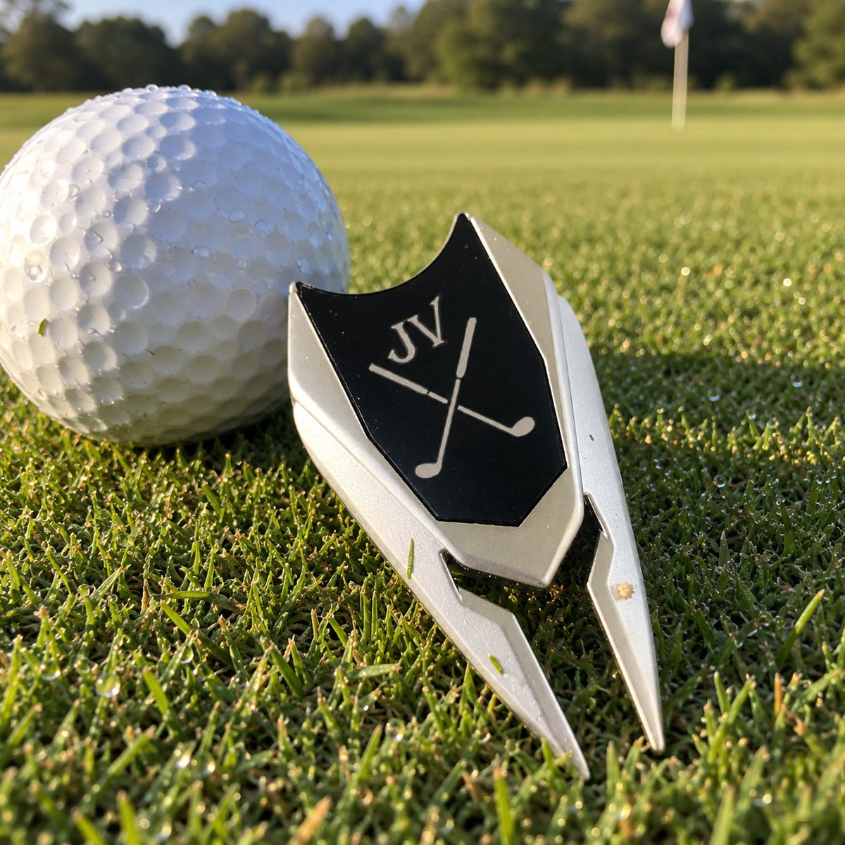 Personalized golf divot tool with a black ball marker engraved JV above crossed clubs, lying on a putting green next to a golf ball