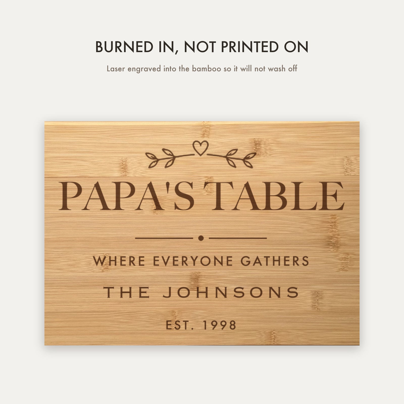 Close view of Papa's Table laser engraved into the bamboo grain above Where Everyone Gathers, the family name and the established year.