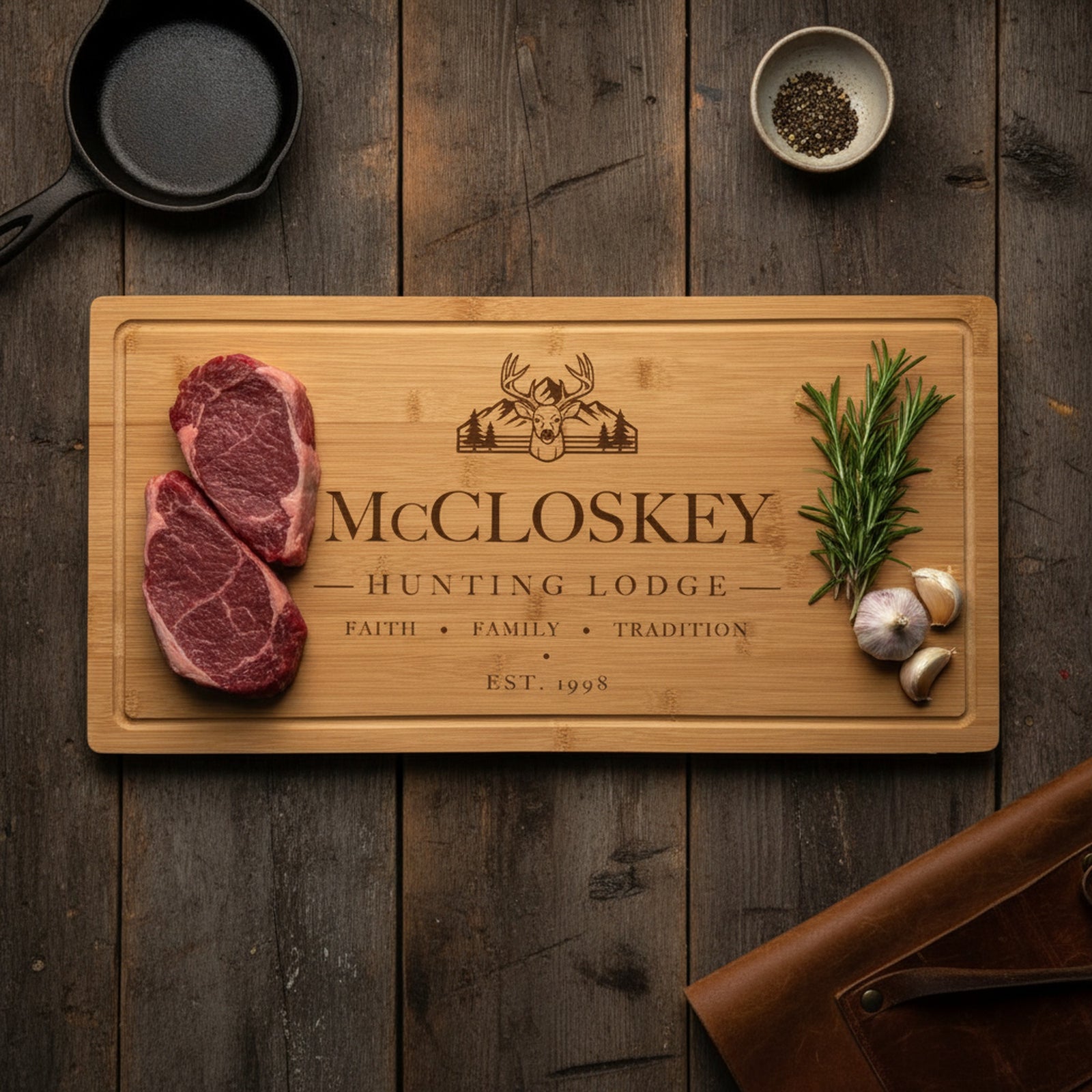 Engraved hunting lodge bamboo board on dark barn wood with two thick venison steaks at one end, rosemary and garlic at the other, beside a cast iron skillet.