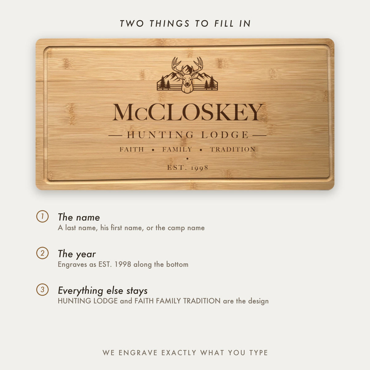 How the hunting board is personalized, showing the name across the middle and the established year along the bottom, with the rest of the design fixed.