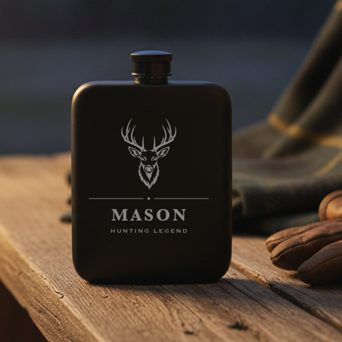 Engraved whitetail buck flask reading Hunting Legend on a cabin porch bench beside a wool blanket and worn leather gloves.