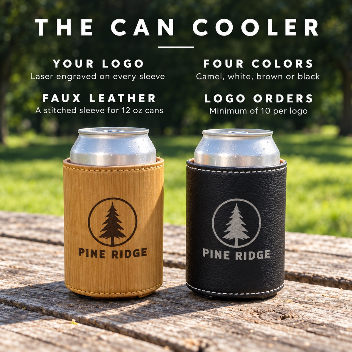 Details of the personalized koozie: your logo laser engraved on every sleeve, four colors, stitched faux leather, minimum of 10 per logo