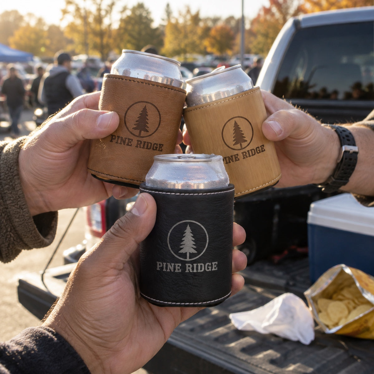 Coworkers toast at a company tailgate with personalized koozies engraved with their logo in black, camel and brown faux leather