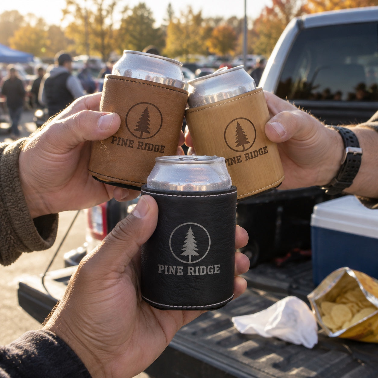 Coworkers toast at a company tailgate with personalized koozies engraved with their logo in black, camel and brown faux leather
