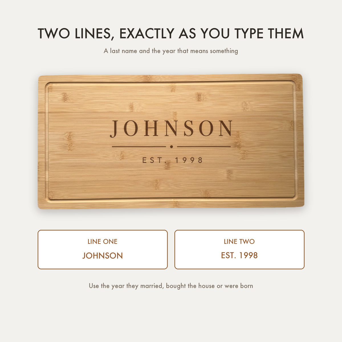 How the last name cutting board is personalized, showing line one for the last name and line two for the established year, engraved exactly as typed.