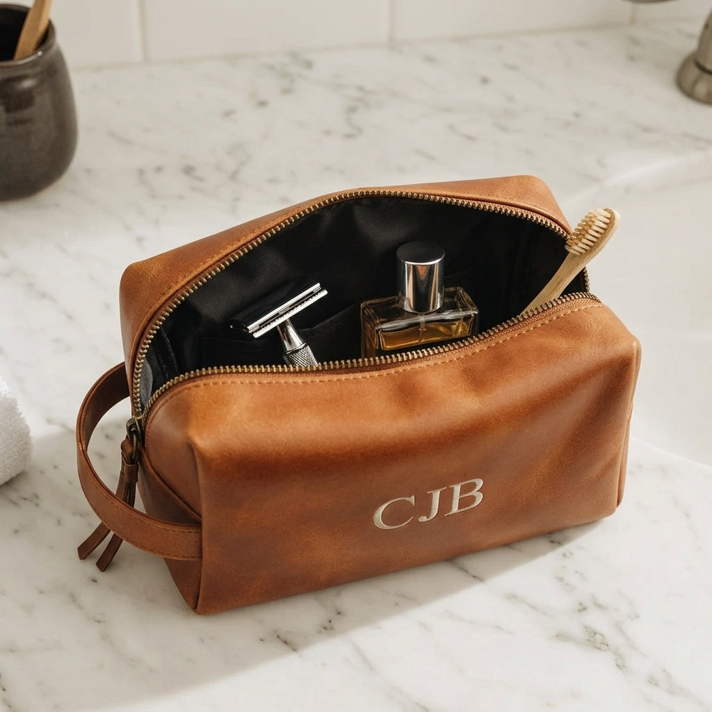 Cognac leather dopp kit unzipped on a marble counter, showing the dark water-resistant nylon lining with a razor, a cologne bottle and a toothbrush inside