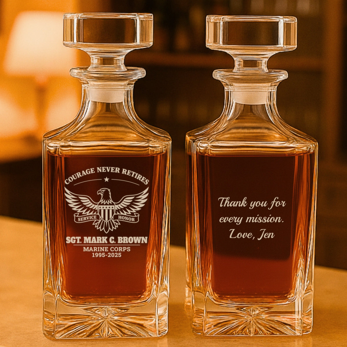 Personalized military retirement decanter, front engraved with an eagle, a sergeant's name, Marine Corps and 1995-2025, back with a thank-you message