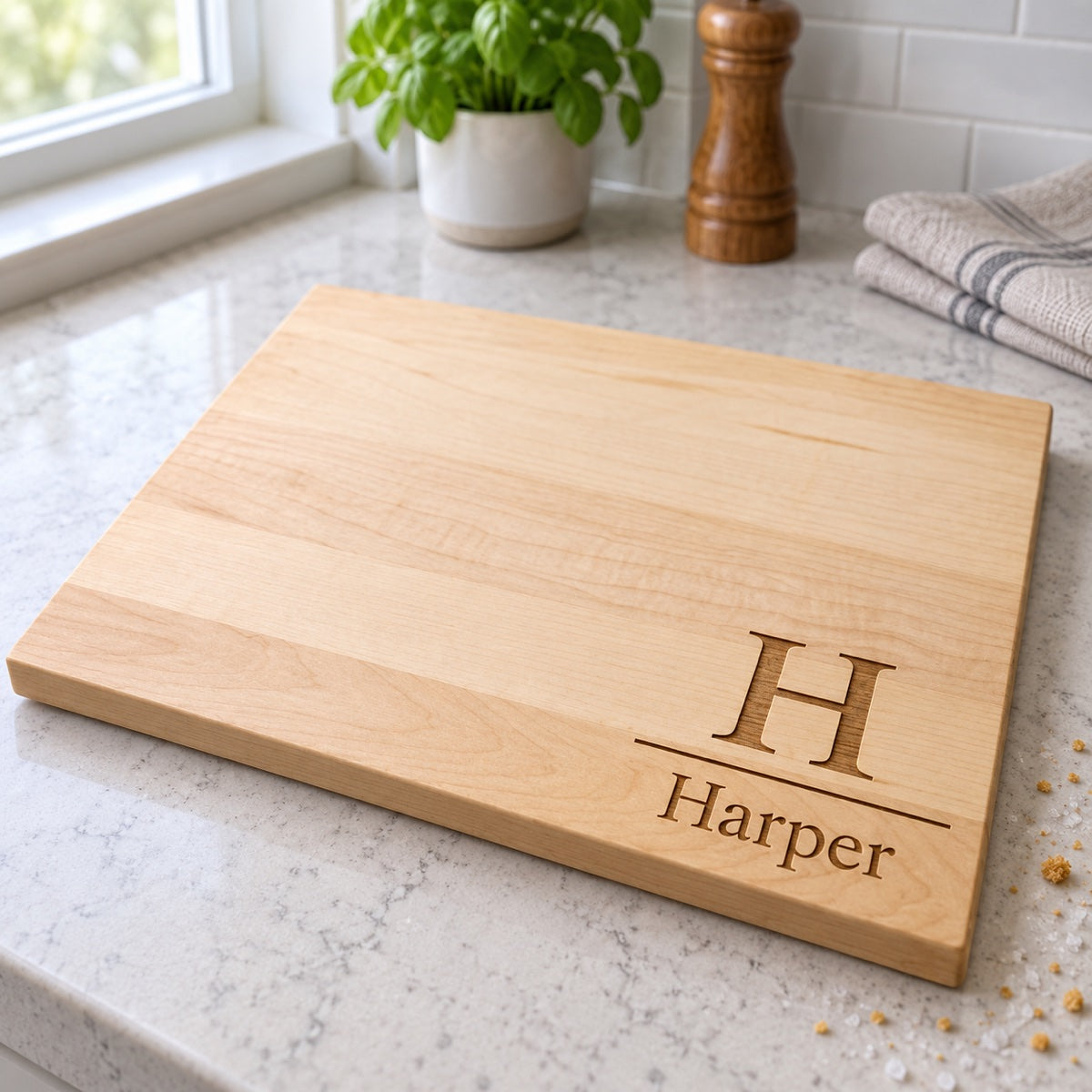 Personalized cutting board in maple engraved with a large serif H above a thin line and the last name Harper, lying on a bright kitchen counter
