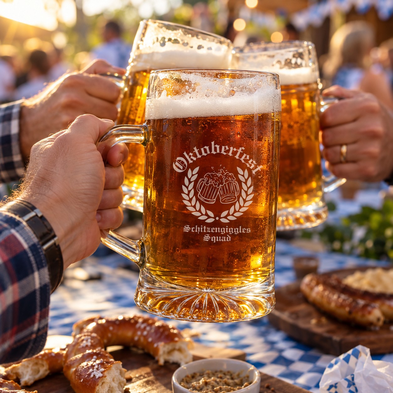 Three friends clinking personalized Oktoberfest glass beer steins at a backyard party table with pretzels and bratwurst, the front stein engraved Schitzengiggles Squad