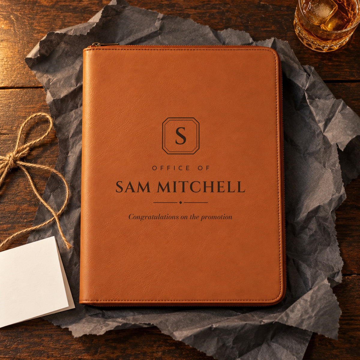Rawhide personalized padfolio engraved Office of Sam Mitchell, Congratulations on the promotion, unwrapped on charcoal paper as a gift