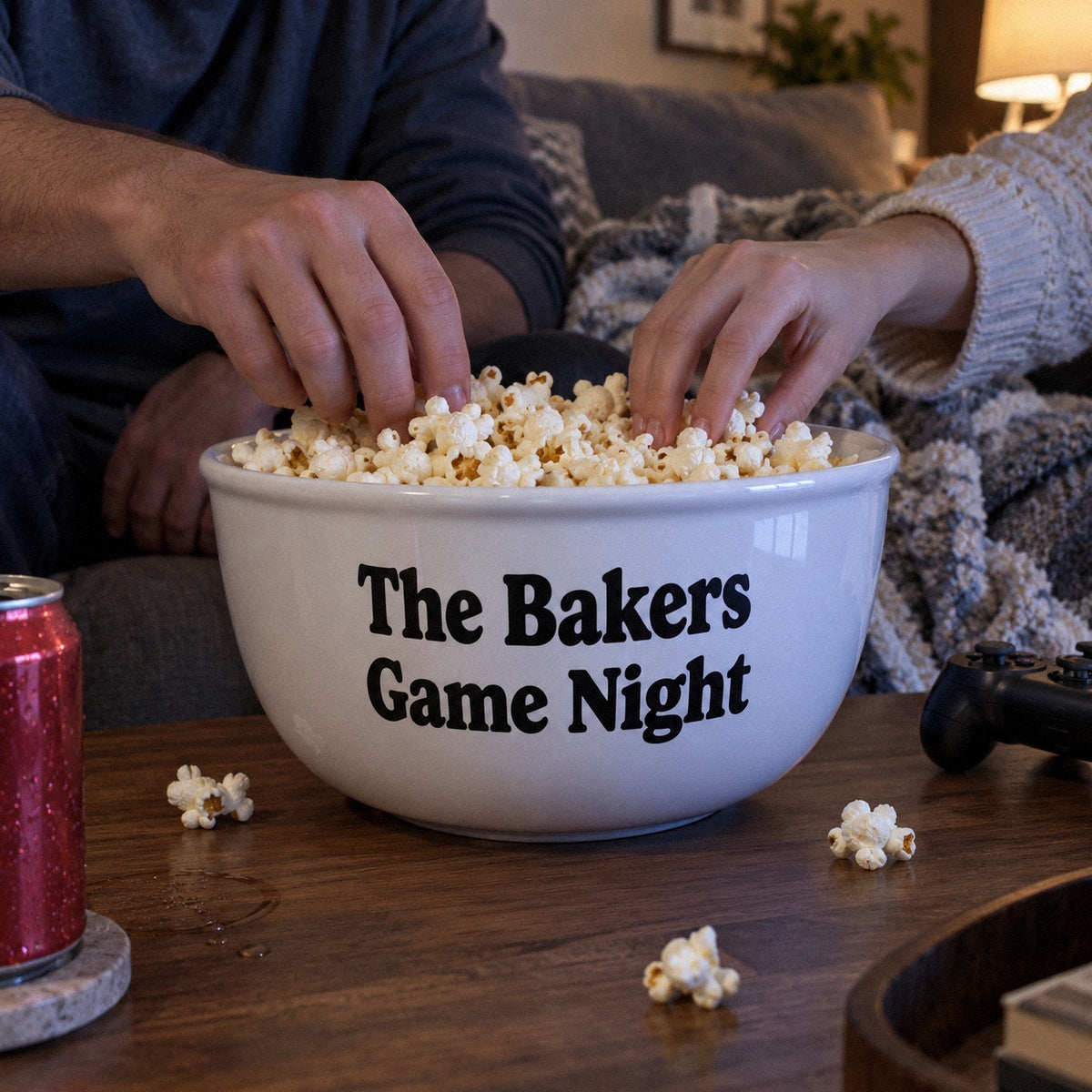 Two people reach into a personalized popcorn bowl printed The Bakers Game Night in black on the coffee table on a Saturday night