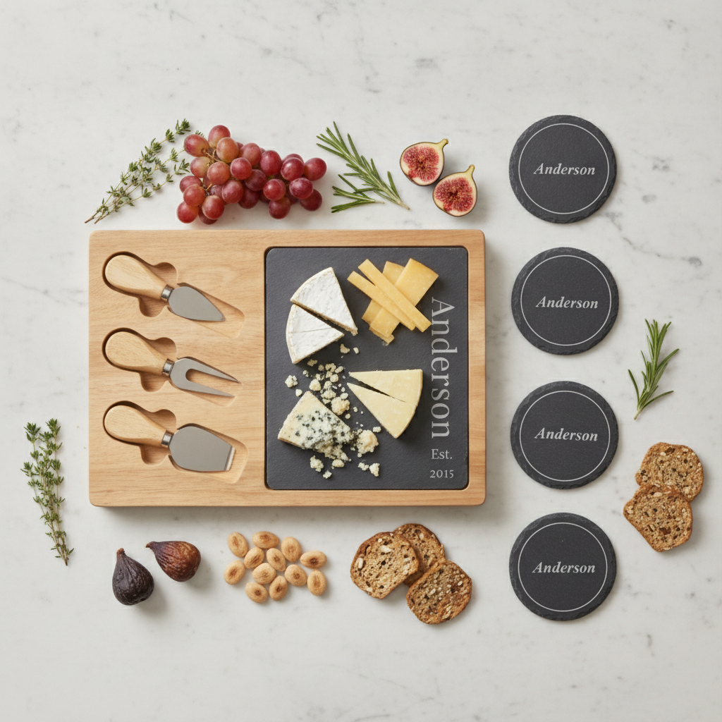 Overhead flat-lay of a personalized slate cheese board engraved with the last name Anderson and Est. 2015, styled with cheese and grapes beside four matching Anderson slate coasters