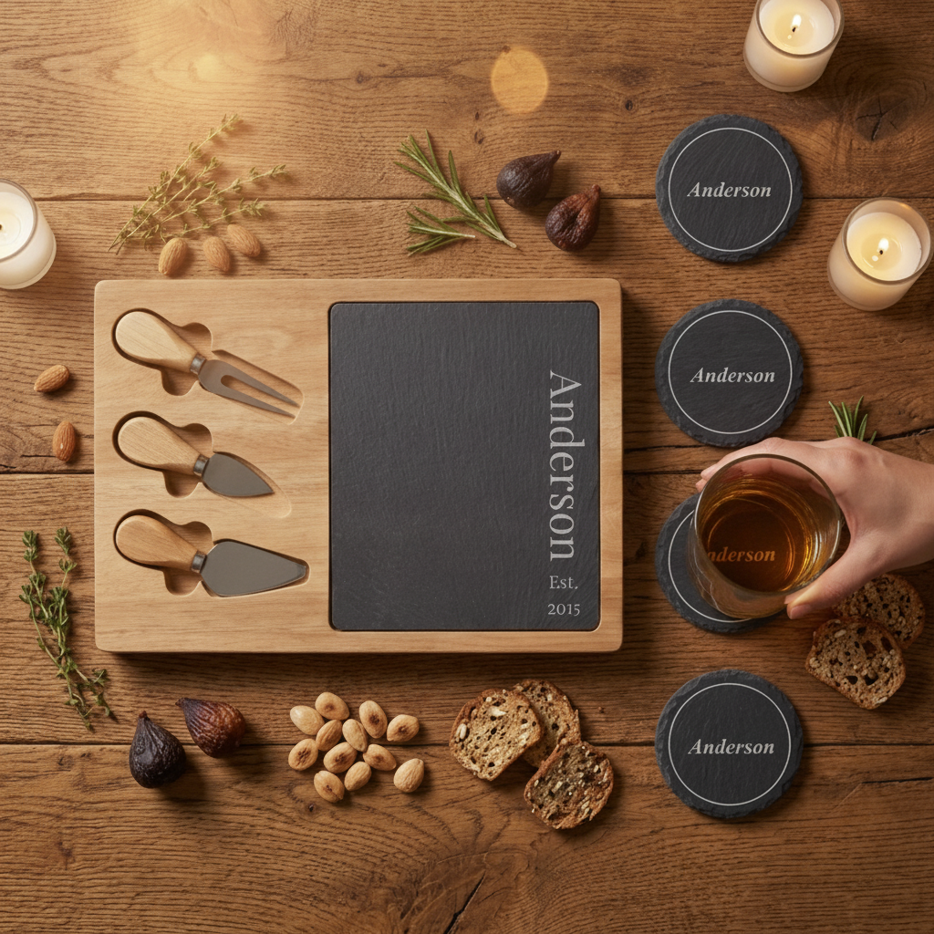 Personalized slate cheese and coaster set on a dining table at a gathering, the acacia board engraved Anderson Est. 2015 with a drink resting on an engraved Anderson coaster