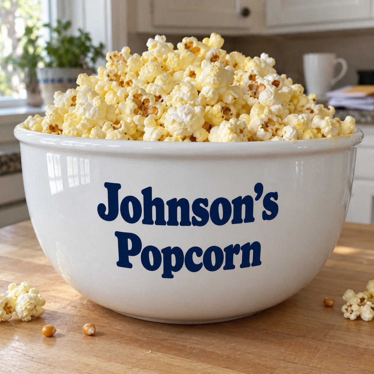 Personalized snack bowl printed Johnson's Popcorn in navy, a large white ceramic bowl filled with popcorn on a kitchen counter