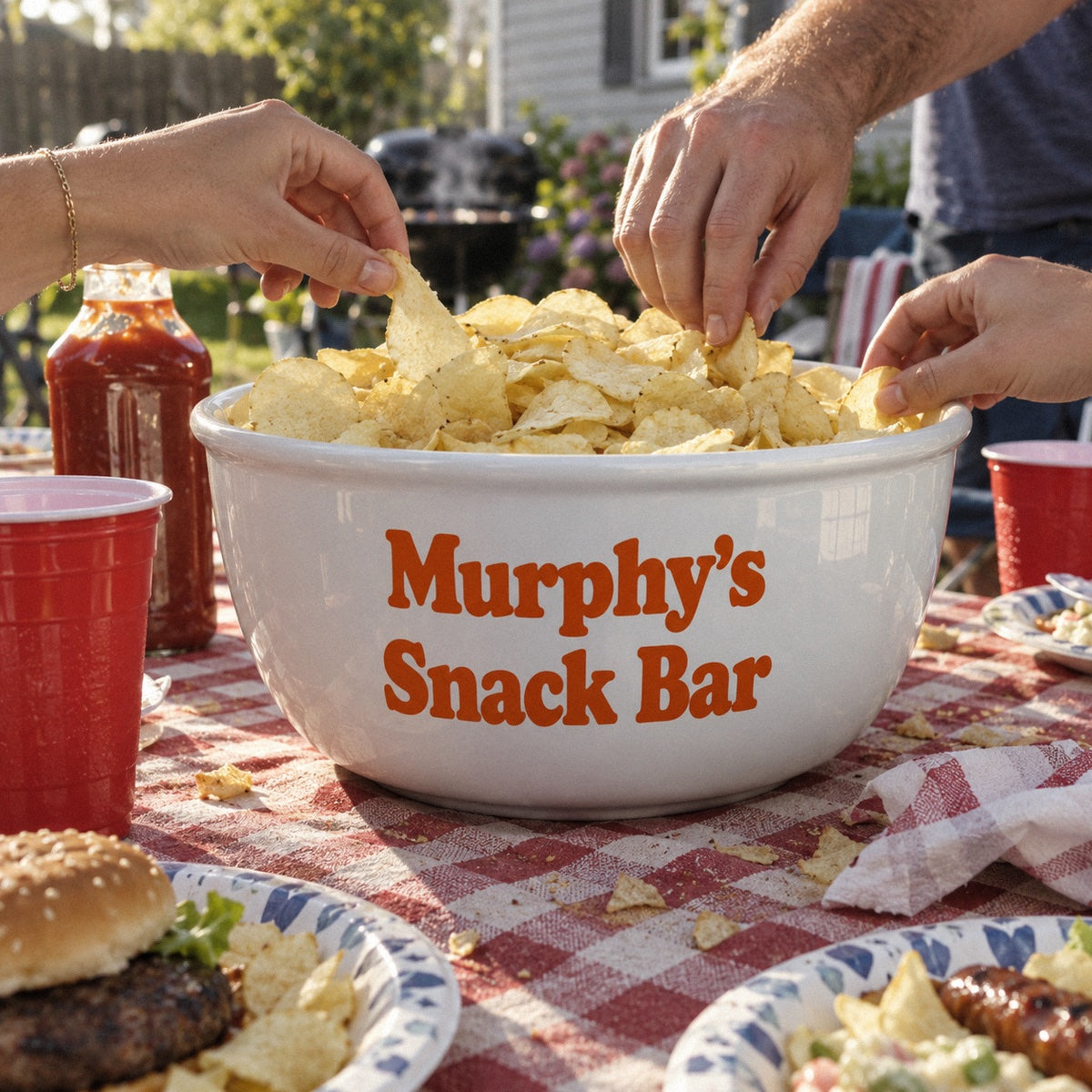 Guests grab chips from a personalized snack bowl printed Murphy's Snack Bar in orange at a backyard cookout, a great gift for hosts