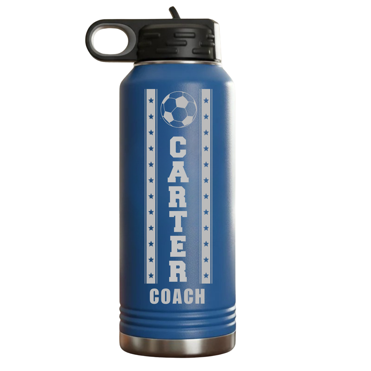 Royal blue personalized soccer coach water bottle engraved with a soccer ball, the name Carter, and Coach underneath, 32oz double-wall insulated and BPA-free.