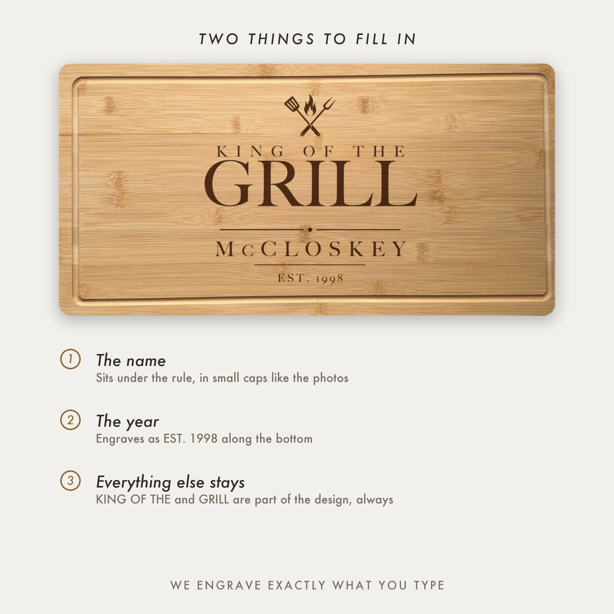 How the steak board is personalized, showing the name under the rule and the established year along the bottom, with King of the Grill fixed.