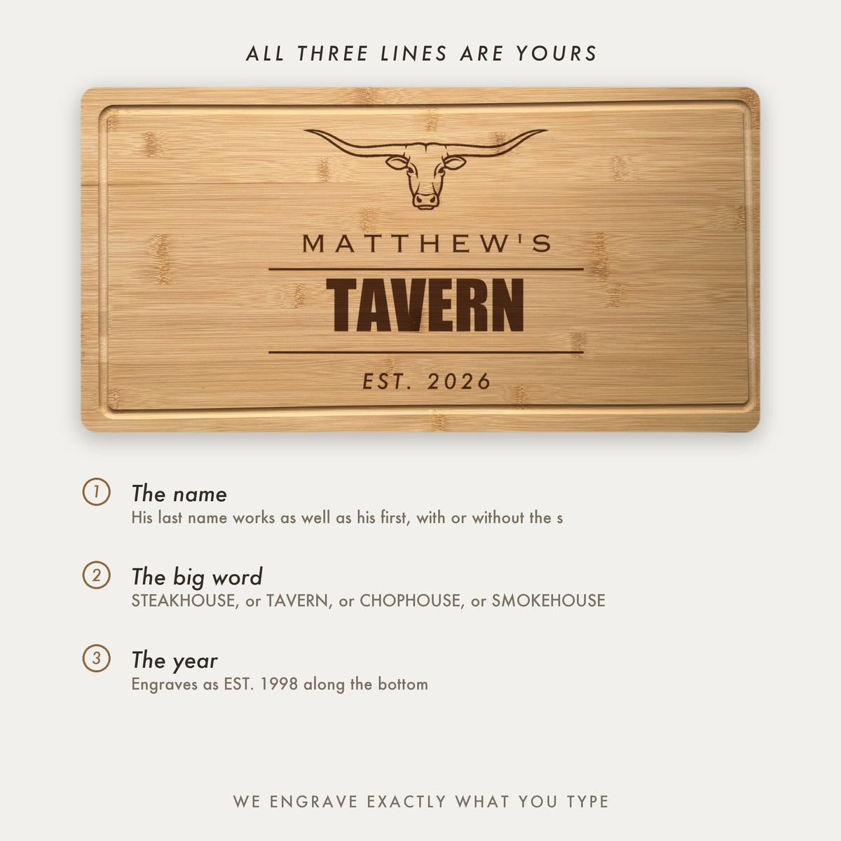 How the steakhouse board is personalized, showing Matthews Tavern as an example with all three lines set by the customer including the big word.