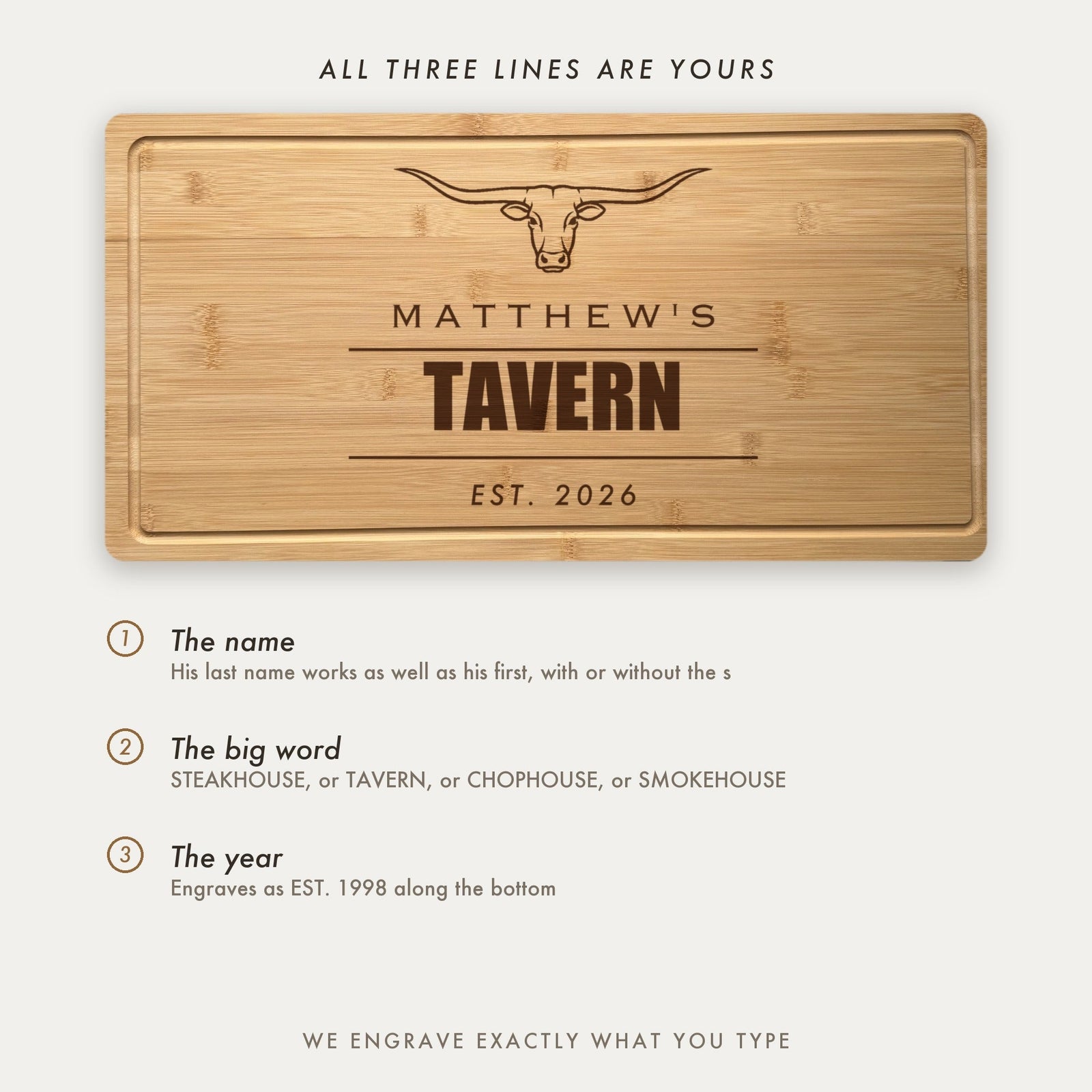 How the steakhouse board is personalized, showing Matthews Tavern as an example with all three lines set by the customer including the big word.