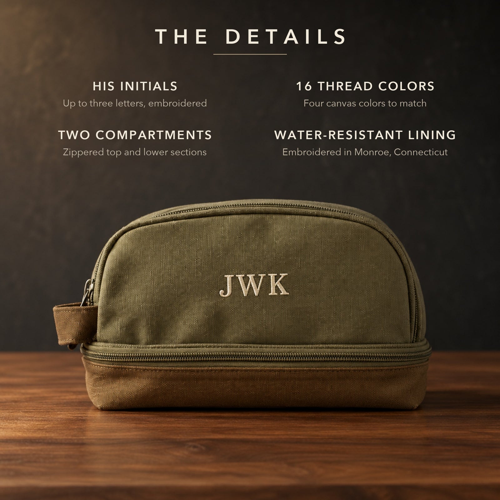 The details of a personalized toiletry bag in olive canvas embroidered JWK: up to three initials, 16 thread colors, two zippered compartments and a water-resistant lining