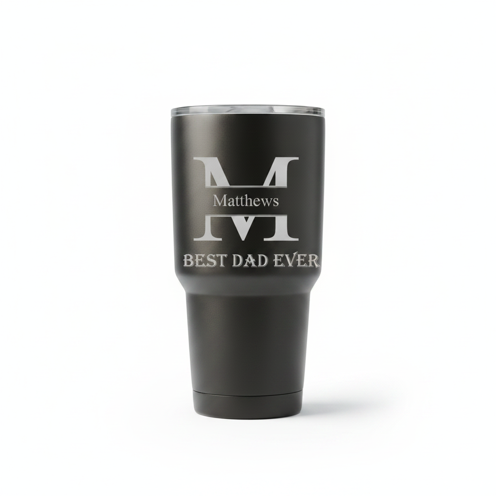 Personalized laser engraved tumbler with custom message, matte black insulated stainless steel tumbler engraved with a monogram and name, a thoughtful personalized gift.