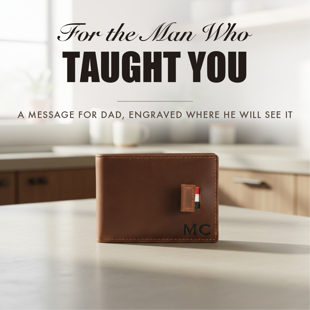 Brown leather bifold wallet engraved with initials, captioned For the Man Who Taught You, shown as a personalized gift for dad.