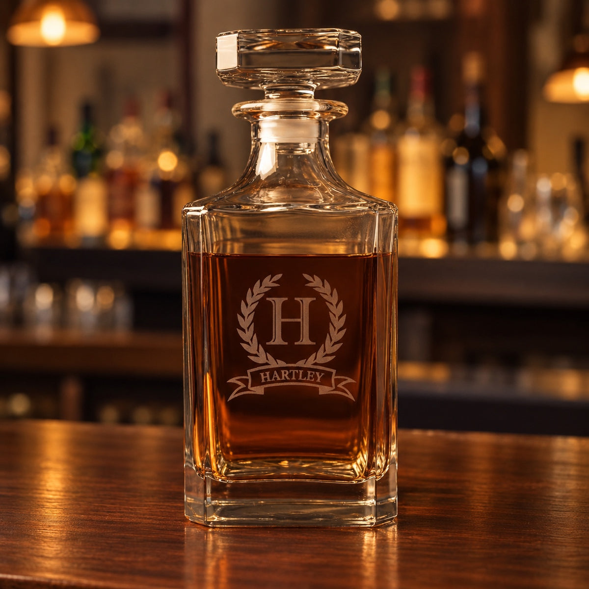 Personalized whiskey decanter filled with bourbon on a wood bar top, engraved with a large H inside a laurel wreath above the last name HARTLEY on a banner