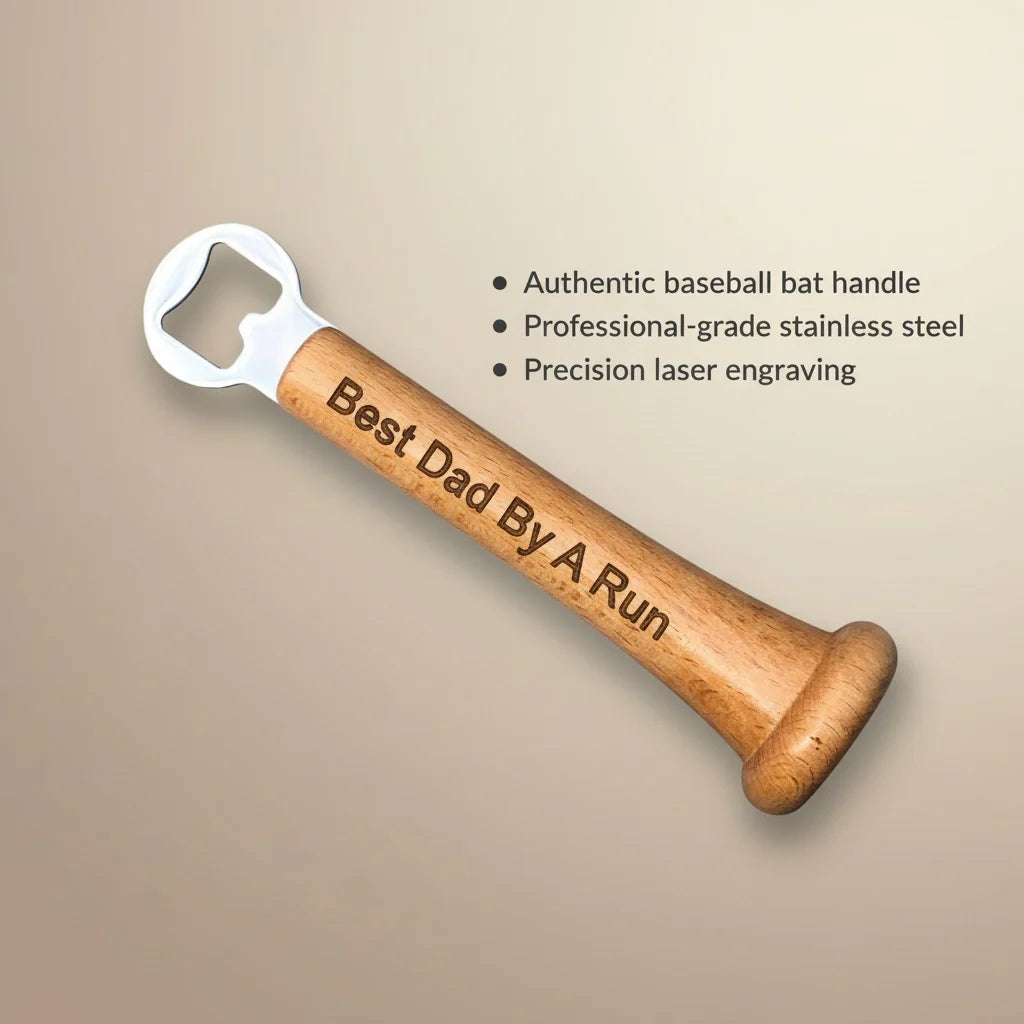 Wooden baseball bat bottle opener with sample engraving "Best Dad By A Run" and stainless steel opener head