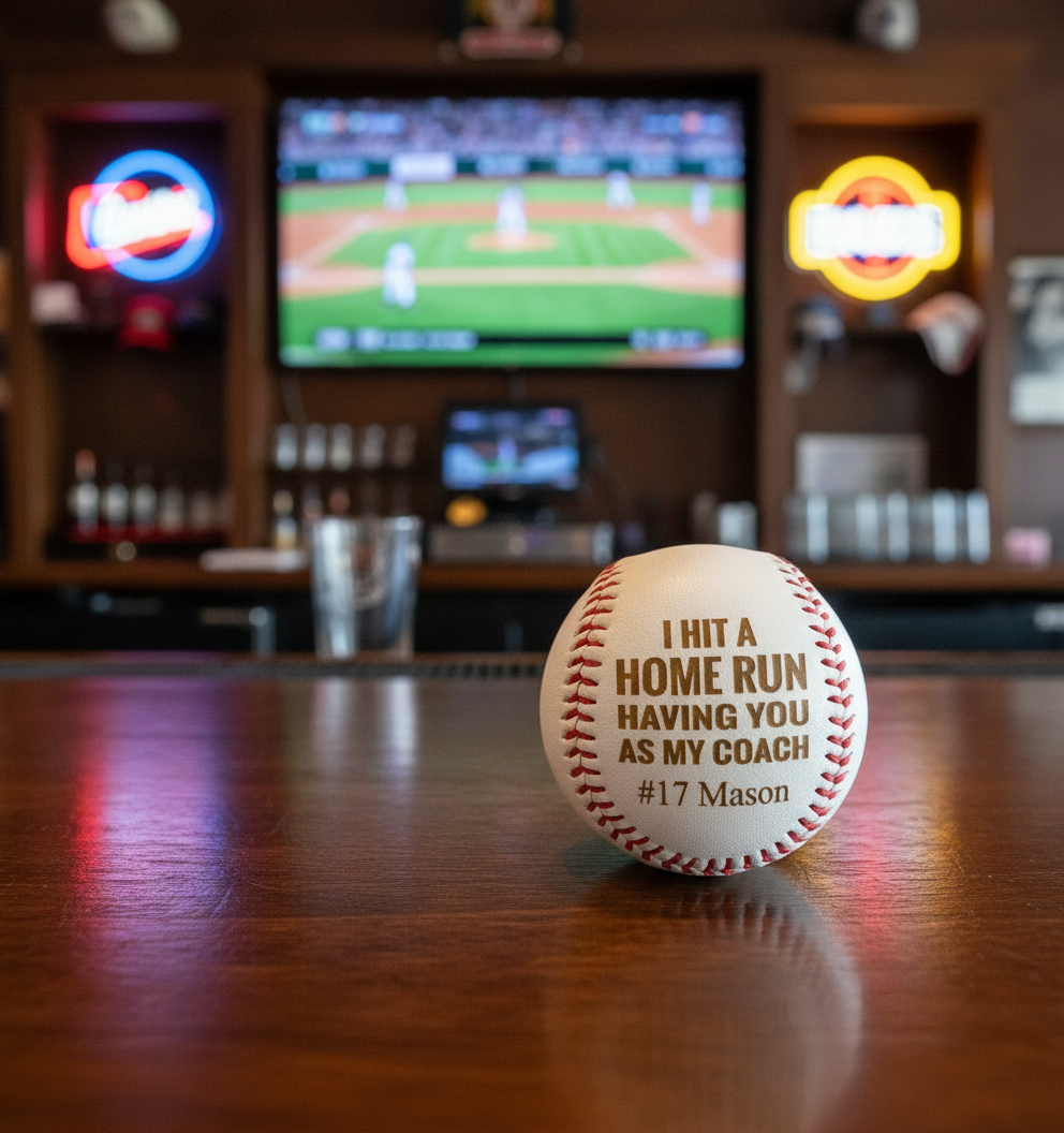 Personalized baseball coach gift, white leather baseball engraved with 'I hit a home run having you as my coach' and sample name Mason number 17, shown on a bar counter.