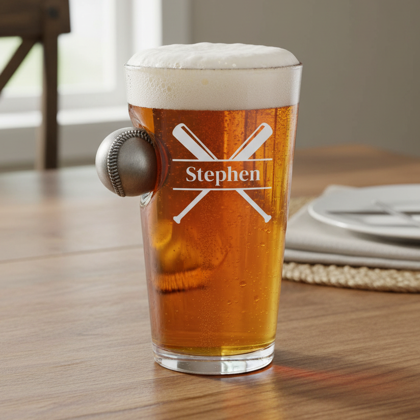 Pint glass with beer and 'Stephen' engraving on a wooden table.