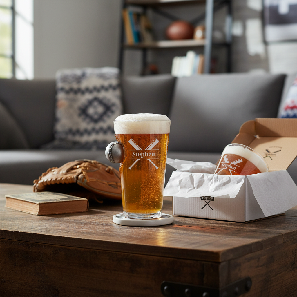 Personalized pint glass engraved with sample name "Stephen" and crossed baseball bats design, filled with beer and displayed on wooden table with baseball glove and gift packaging
