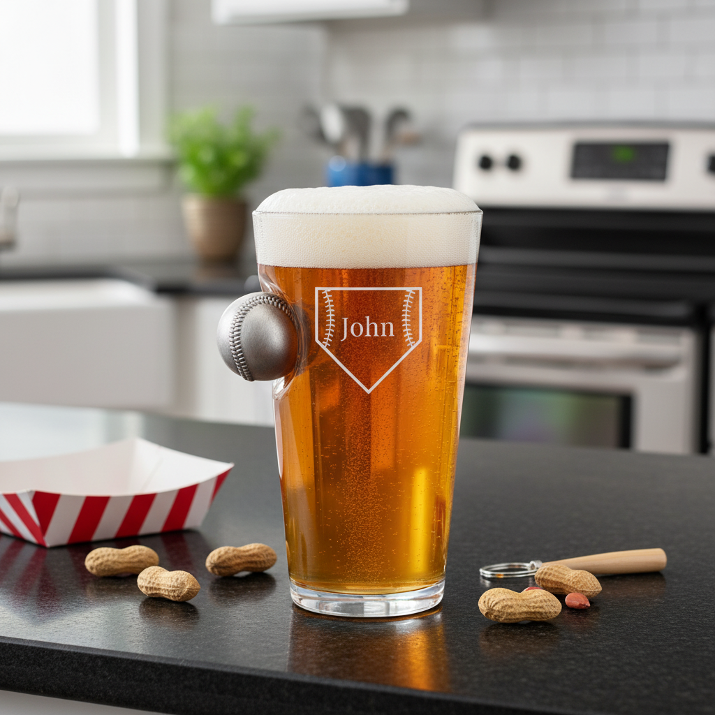 Personalized pint glass filled with beer, engraved with sample name "John" in baseball shield design, with attached baseball detail on side, displayed on kitchen counter with peanuts and sports snacks nearby.