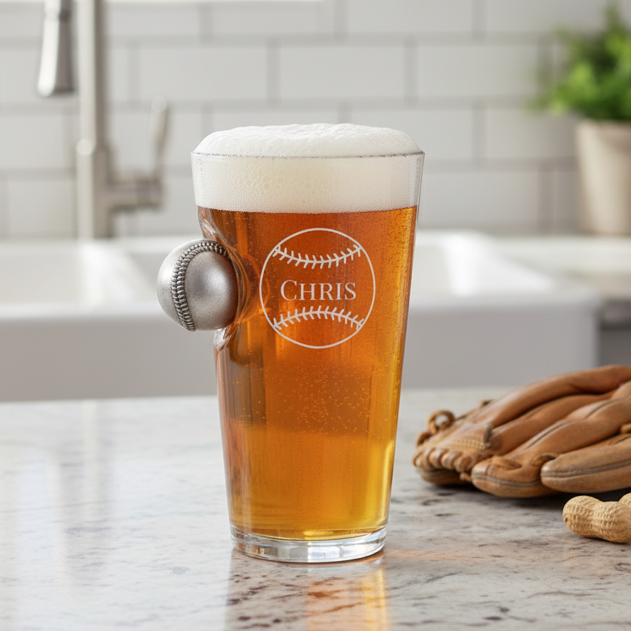 Personalized pint glass filled with beer and topped with foam, featuring sample name "CHRIS" engraved below a baseball design, with 3D baseball appliqué on the side