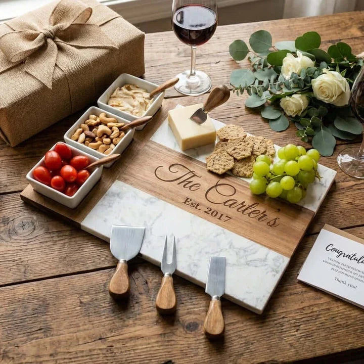 Marble and acacia charcuterie board engraved with a sample family name and established year, served with cheese, grapes, crackers, nuts and a wine glass.