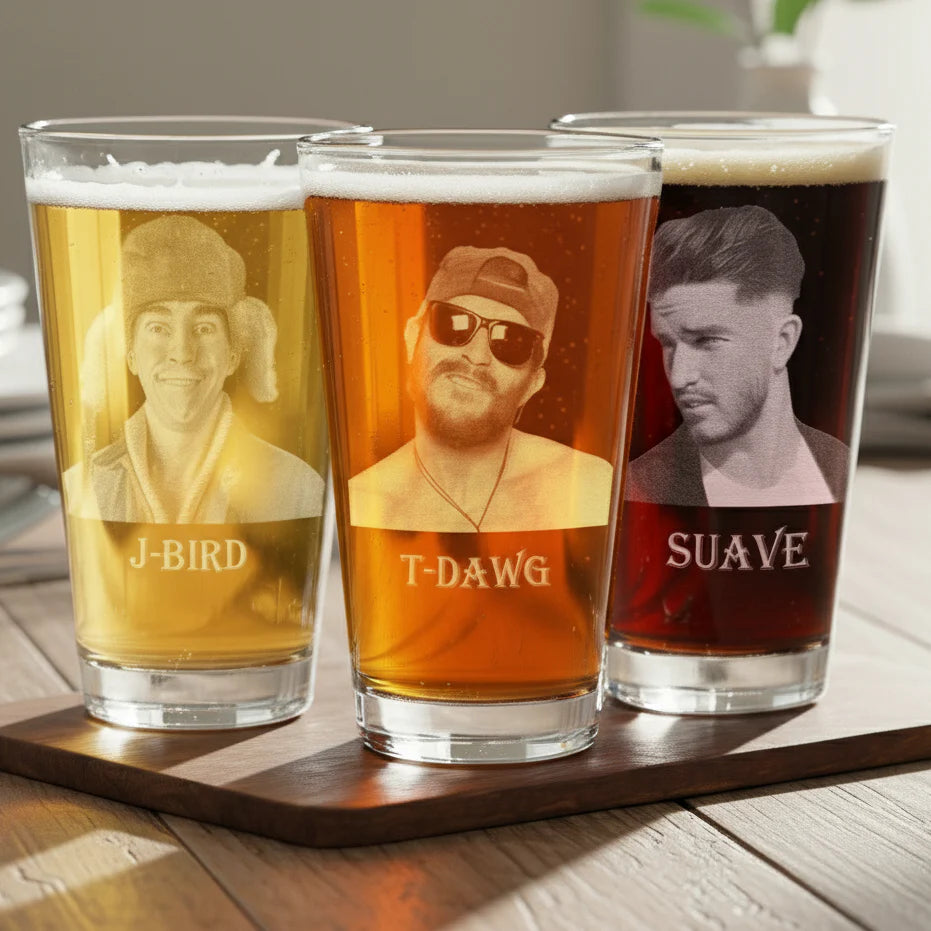 engraved pint glasses set for men with custom names on beer glasses