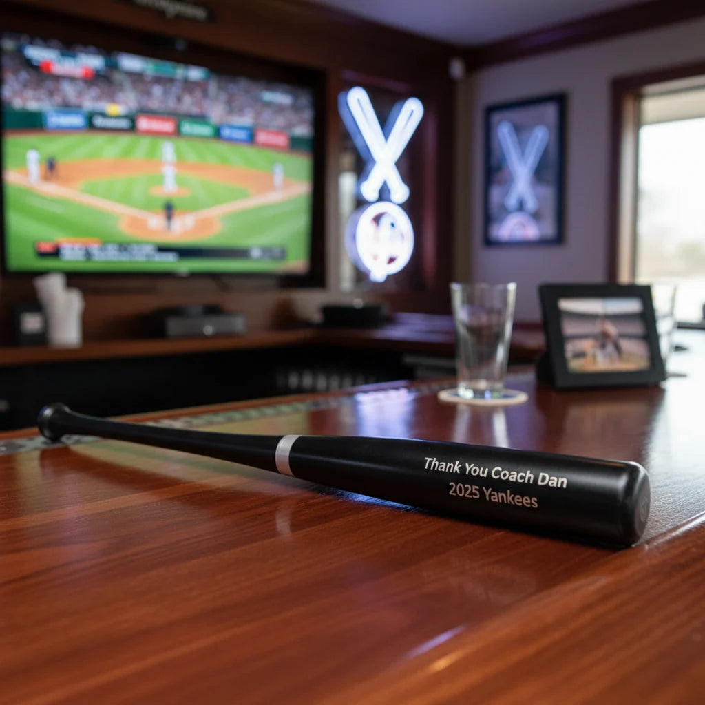Baseball bat with engraved text on a wooden table in a room with a sports-themed decor.