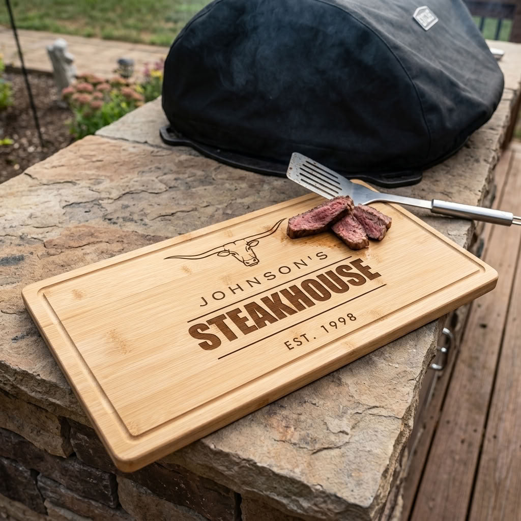 Wooden cutting board with sample personalization reading "JOHNSON'S STEAKHOUSE EST. 1998" and a steer logo, displayed on stone with steak slices and fork