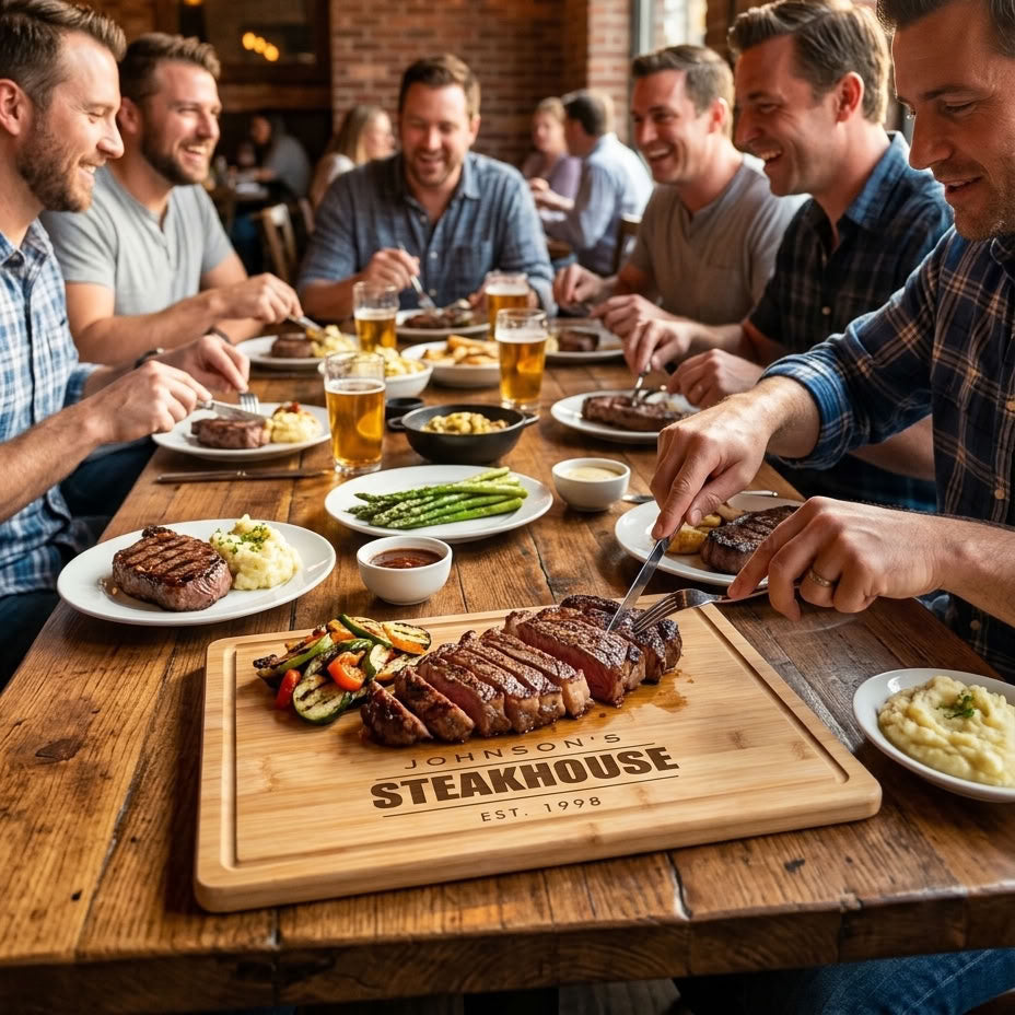 Wooden cutting board with sample engraving reading "JOHNSON STEAKHOUSE EST 1998" displaying sliced steak and grilled vegetables, surrounded by diners and place settings