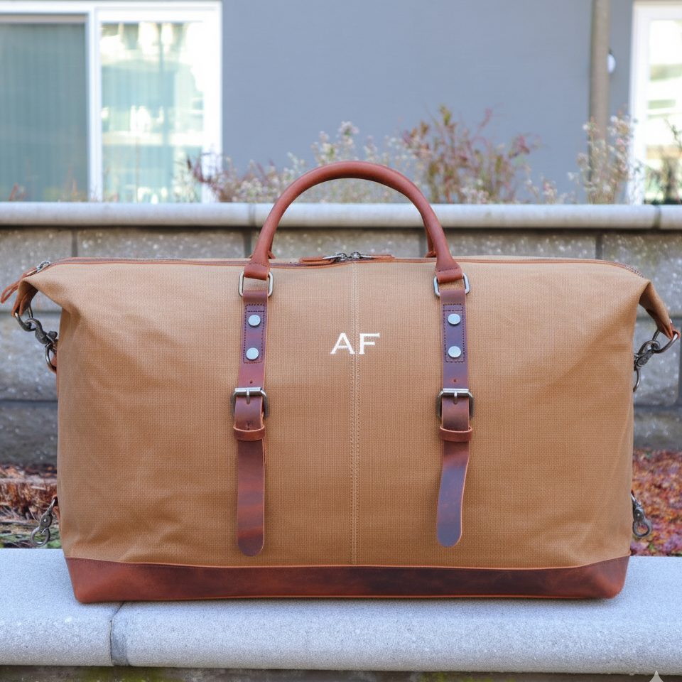 Brown waxed leather duffel bag with 'AF' initials on a stone ledge personalized duffle bag for men