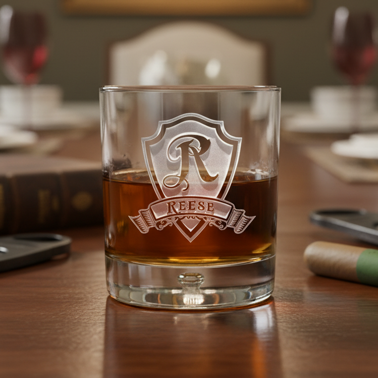 Glass of whiskey with monogram and custom name on a wooden table, blurred background