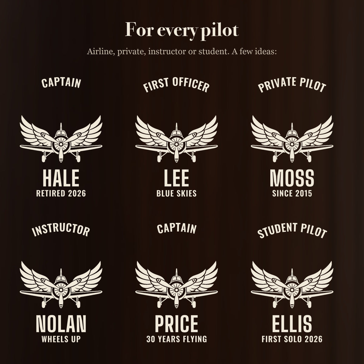 Six ways to engrave the pilot beer stein: Captain Hale, First Officer Lee, Private Pilot Moss, Instructor Nolan and more