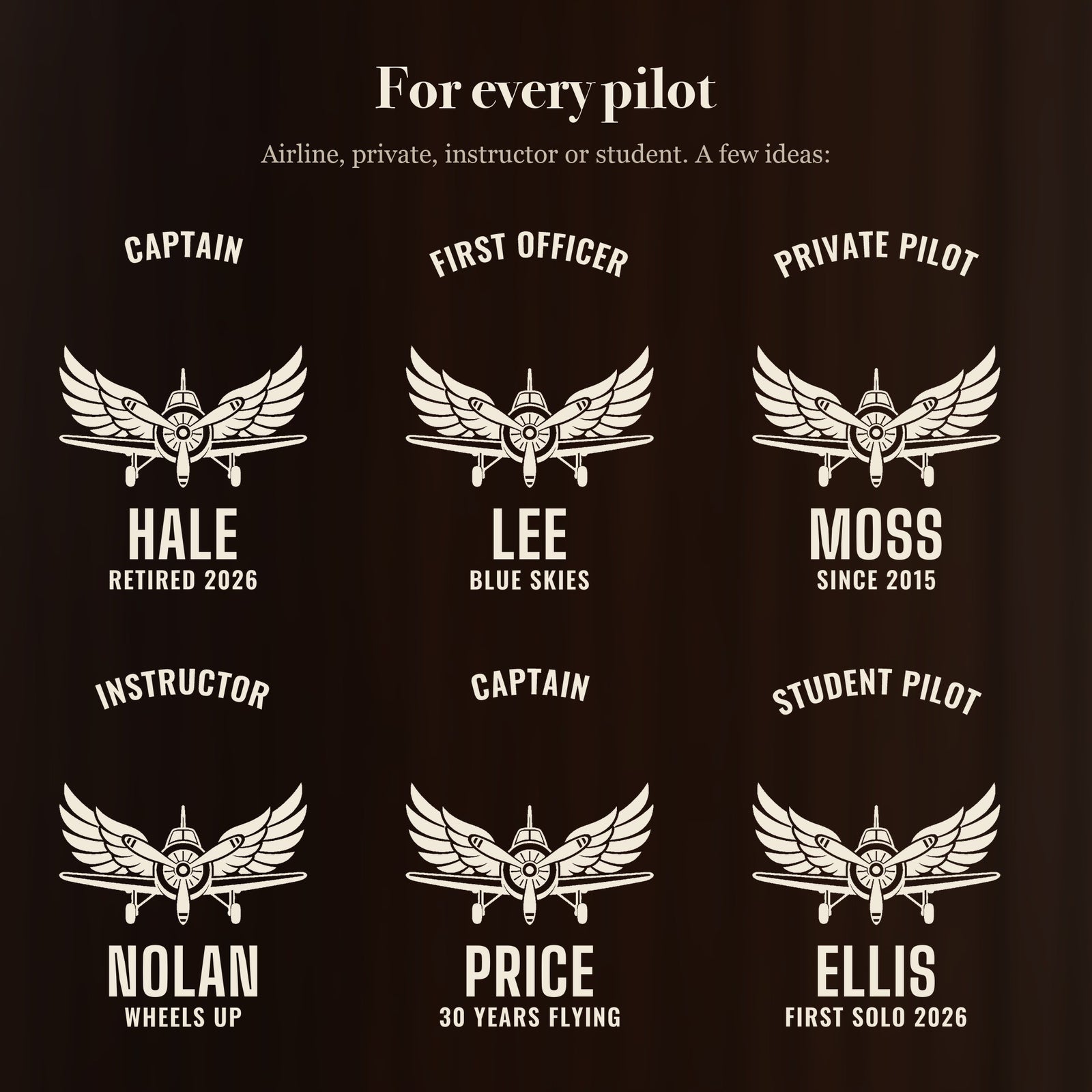 Six ways to engrave the pilot beer stein: Captain Hale, First Officer Lee, Private Pilot Moss, Instructor Nolan and more