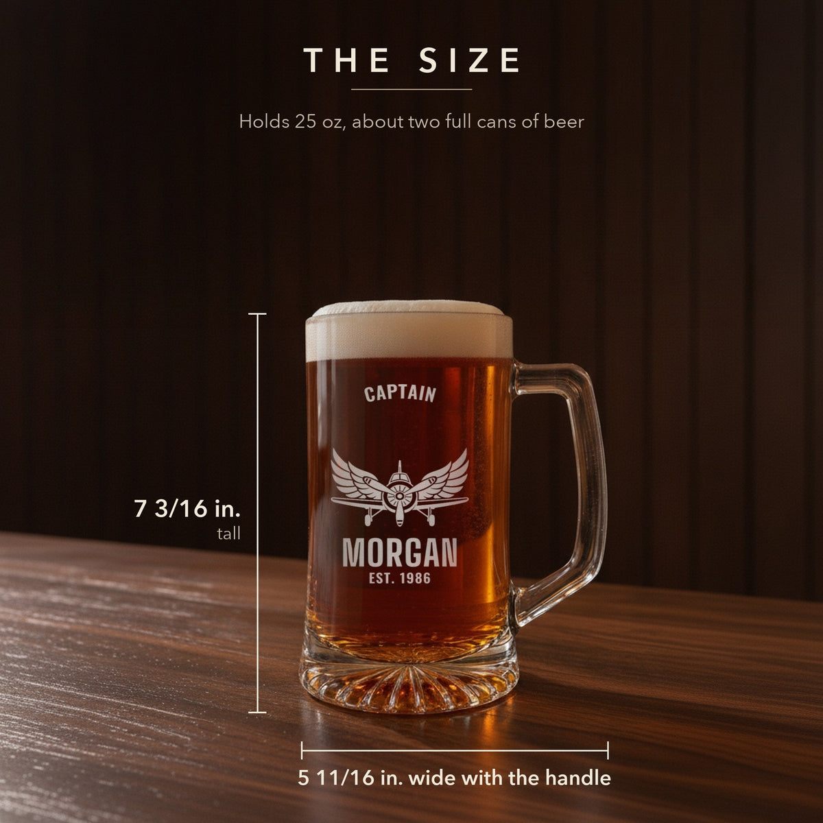Size guide for the 25 oz pilot beer stein, 7 3/16 inches tall and 5 11/16 inches wide: Captain, Morgan, Est. 1986